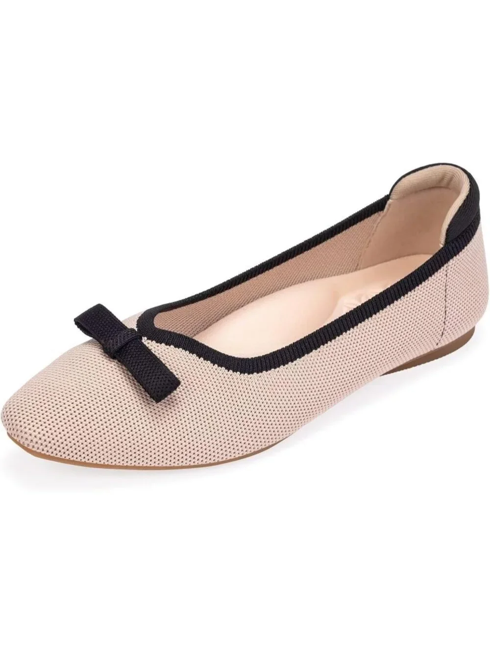 Frank Mully Women's Khaki Black Rubber Knit Squared Toe Bow Slip On Ballet Flats